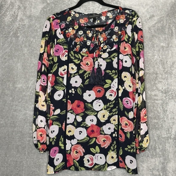 Lane Bryant Tops - Lane Bryant 18 1X Shirt Top Navy Blue Floral Long Sleeve Keyhole Scoop Neck